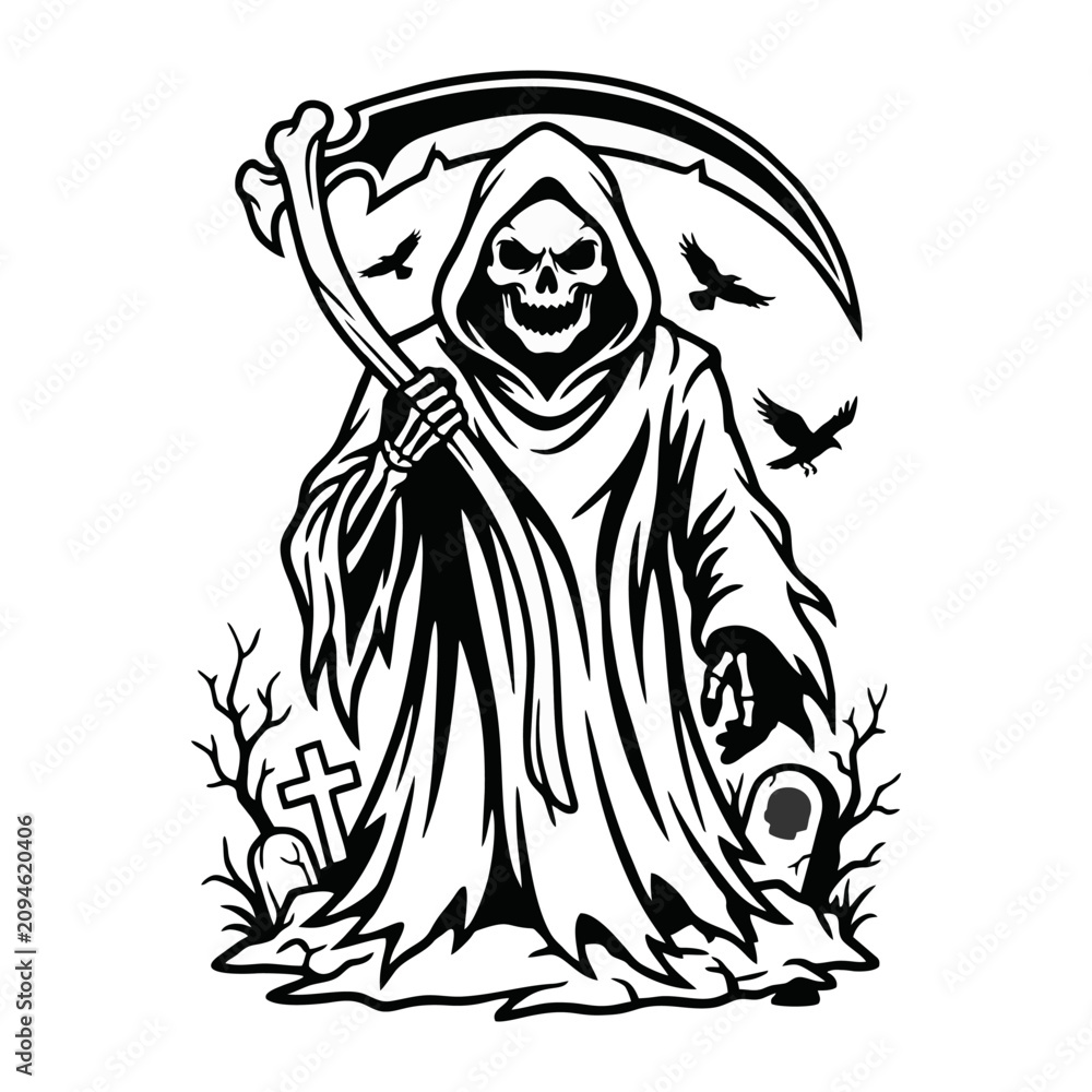 Obraz premium Spooky Grim Reaper figure with scythe standing in a graveyard at night surrounded by bare trees and flying birds creating a mysterious and frightening scene for Halloween or horror themed