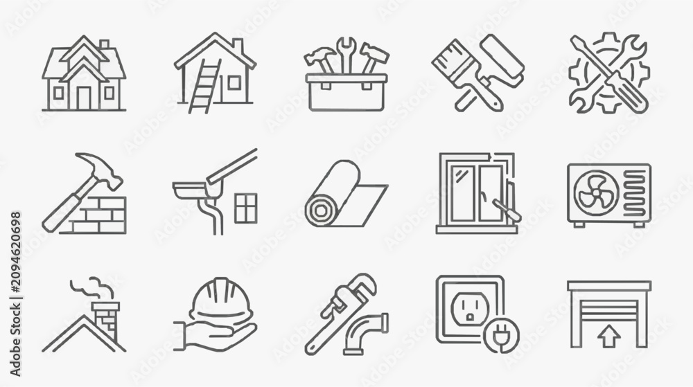 Fototapeta premium Corporate Line Icons Set of Monochrome Construction and Home Repair Tools and Equipment for Business Presentations
