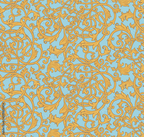 Baroque style seamless vector pattern with elegant golden scrolls and ornate decorative curves. Classic luxury art inspired by antique European design, perfect for wallpaper, textiles, home decor.