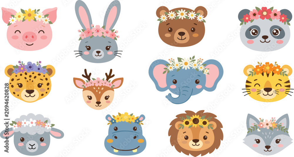 Obraz premium Cute cartoon animal faces wearing flower crowns collection of spring safari and woodland livestock characters sticker set vector