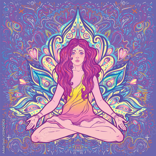 Psychedelic goddess meditating in lotus pose with vibrant hippie colors and ornate Indian pattern background. New age spiritual concept of yoga, mindfulness, inner growth, and cosmic consciousness.