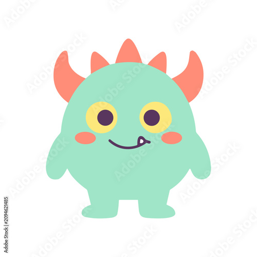 Foto Cute green monster with horns smiling.