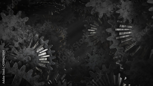 Fotografie Interlocking metal gears rotating in a dark mechanical assembly with gritty text
