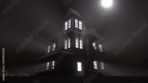 A haunted house stands under a full moon, its windows glowing with eerie light. Mist swirls around the structure, partially obscuring its Gothic architecture and bare trees nearby.

