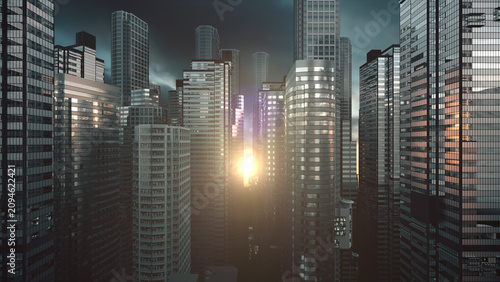 фотографія Sun rising between towering glass skyscrapers in a dense urban environment, casting golden light across reflective facades and creating lens flares against a darkening sky