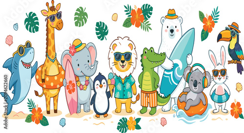 Canvas Print Cute tropical beach animals banner with cartoon wild characters surfing and wear
