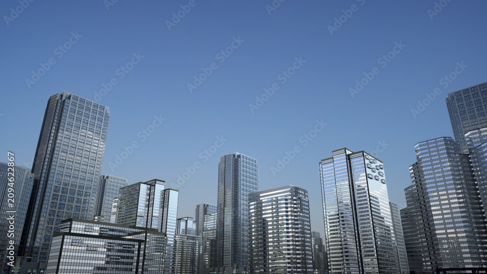 Obraz premium Glass skyscrapers stand tall under clear blue sky, reflecting sunlight with sharp geometric patterns. Modern urban architecture dominates the frame with clean lines and mirrored facades.