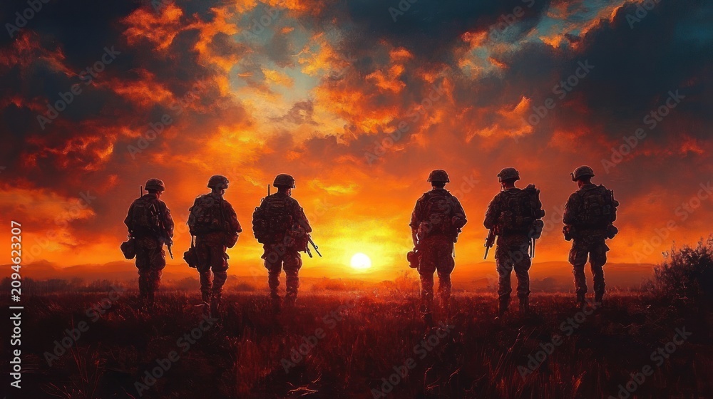 Fototapeta premium Six soldier silhouettes standing in a grassy field at a dramatic orange sunset, rifles and helmets visible, evoking solemn camaraderie and determined resolve