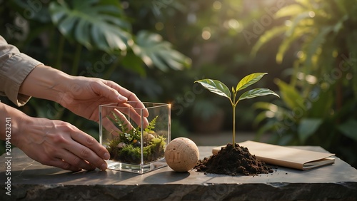 Person holding glass terrarium with plants and small tree on table with soil and stone in garden