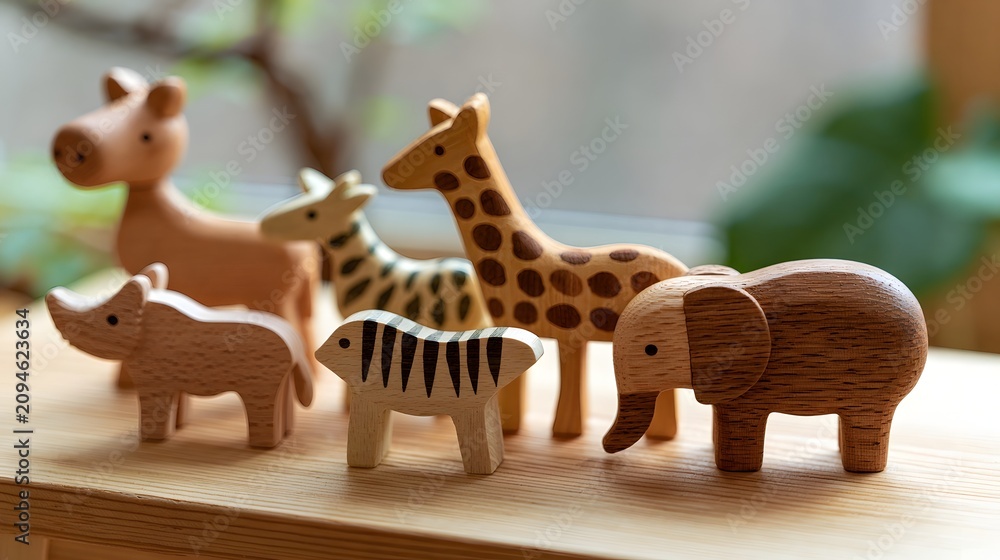 Obraz premium A collection of handcrafted wooden animal figurines including elephant zebra giraffe rhino and horse arranged on a light wood surface