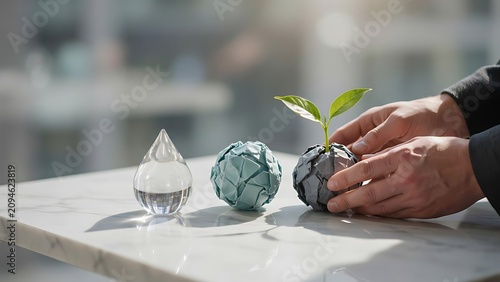 Person holding small green plant in crumpled paper ball next to glass water drop and other crumpled paper balls on marble table in office setting  ecofriendly concept