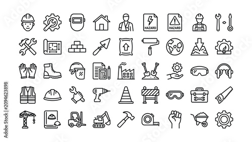 Fotografía Extensive collection of black line construction icons representing industrial sa