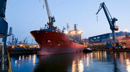 A massive red cargo ship is docked at an industrial port during twilight  surrounded by cranes and illuminated buildings reflecting on calm water