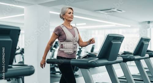 Active Senior Woman Walking on a Treadmill in a Modern Gym Wearing a Weighted Training Vest for Resistance Cardio and Healthy Aging Fitness Routine