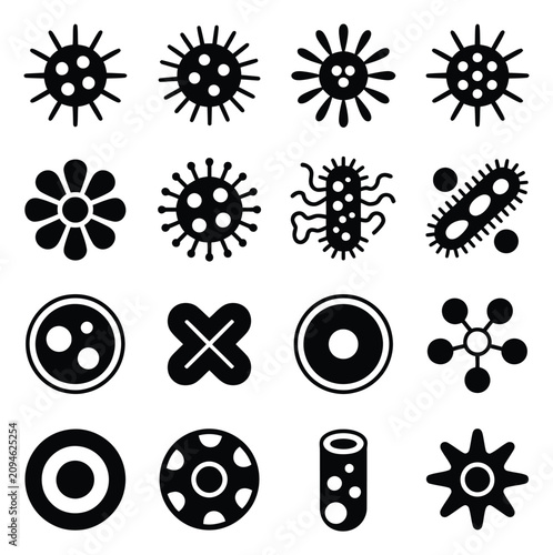 Schilderij op canvas 医療研究向けのさまざまな細菌 ウイルス 細胞 顕微鏡的生物を表す白黒コレクション