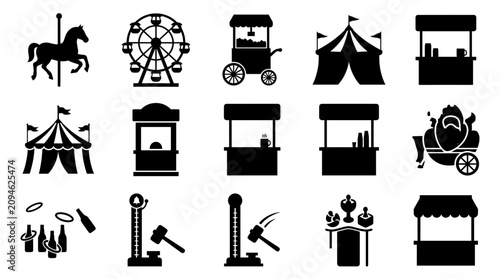 Fotografie Carnival fairground attractions and circus themed silhouette icons