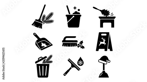 Tableau sur toile Cleaning service tools and janitorial equipment icons set