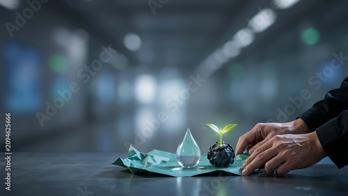 Person touching a green leaf plant growing from a ball next to a teardrop shaped glass of water on a crumpled paper in a blurred background