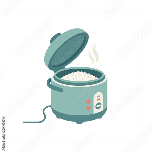 Modern Teal Electric Rice Cooker With Fresh Steaming White Rice Inside Open Kitchen Appliance