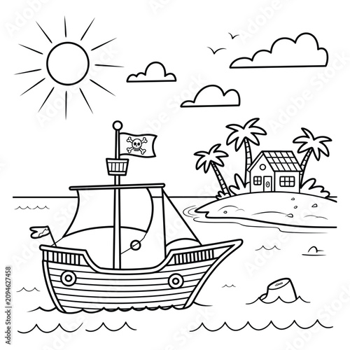 Cuadro en lienzo 太陽の下でヤシの木と小さな家がある熱帯島の近くを航海する海賊船を描いた楽しい白黒塗り絵ページ