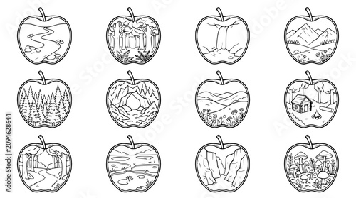 Schilderij op canvas Artistic Apples: Collection of Nature Scenes within Fruit Silhouettes