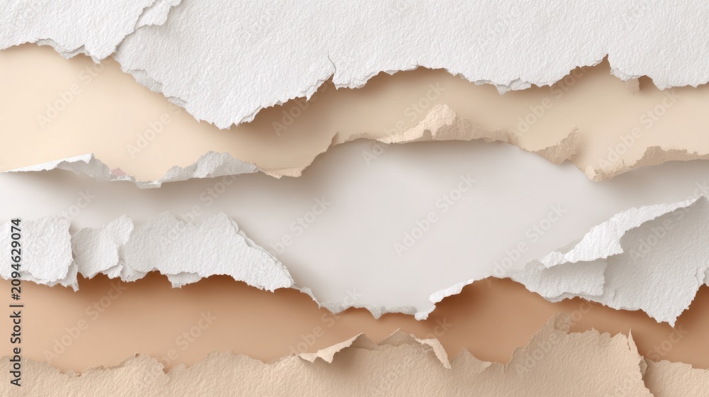 Fototapeta premium Elegant multiple layers of torn cream and white paper forming soft central horizontal void.
