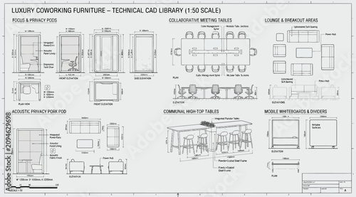 Technical cad library for luxury coworking spaces featuring phone booths, meeting tables, lounge areas, and communal hightop tables