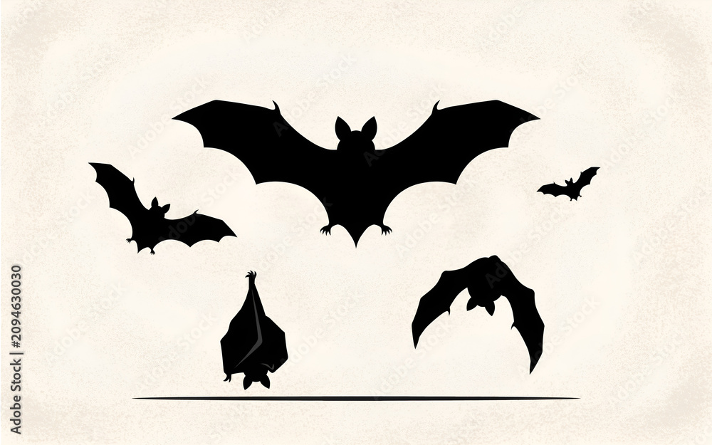Fototapeta premium Flock of bats flying in silhouette. Dark nocturnal creatures soaring against a plain background. Halloween-themed vector illustration for spooky de...