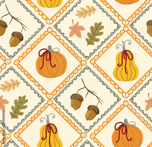 Cozy autumn patchwork seamless pattern. pumpkins with red bows, mushrooms, acorns, and fall leaves inside lace argyle frames. Whimsical cottagecore quilt texture on a cream background for Thanksgiving