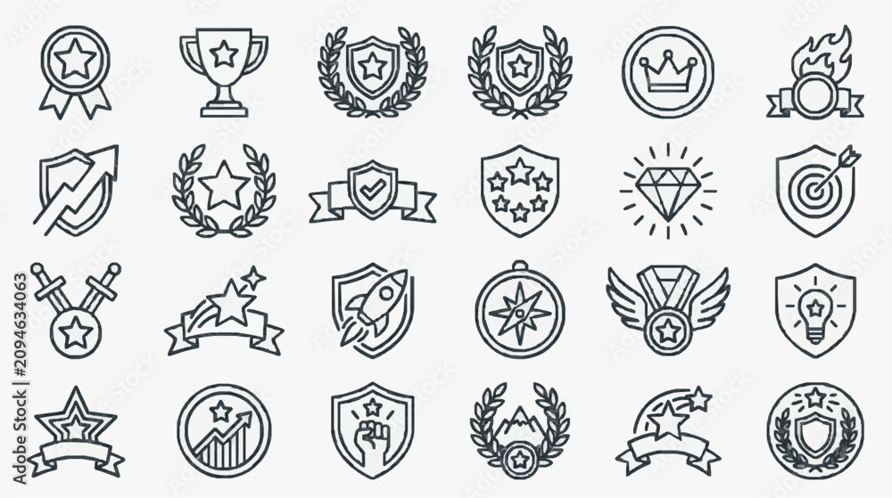 Fototapeta premium Clean Minimalist Black and White Achievement Badges and Award Icons Set for Digital Use with high quality professional line art symbols for modern creative design and digital branding projects