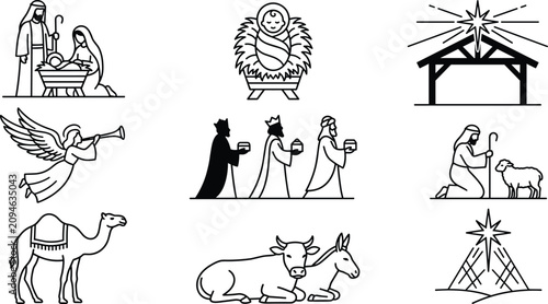 Fotografía Nativity Scene Outline Icon Collection with Holy Family, Baby Jesus, Wise Men, A