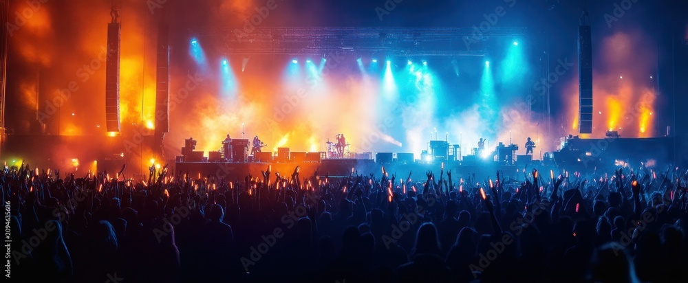 Obraz premium large live music concert with silhouetted band and cheering crowd under dramatic blue and orange stage lights, energetic electric atmosphere