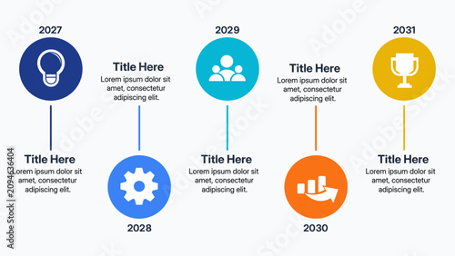 Modern 5 steps business timeline infographic layout, corporate development roadmap diagram slide with business icons and text placeholders vector illustration