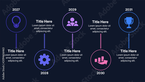 Modern 5 steps outline tech start up timeline infographic layout, digital corporate roadmap line art diagram slide with thin icons and text placeholders vector illustration