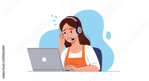 Stressed female office worker wearing a headset while sitting at her computer and sweating heavily from workplace pressure.