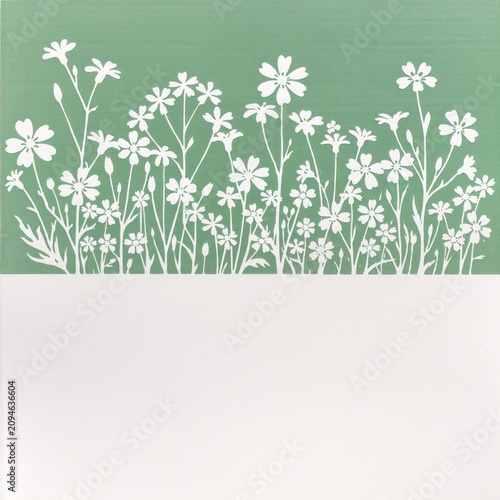 Minimalist linocut floral art border with white wild flowers on sage green
