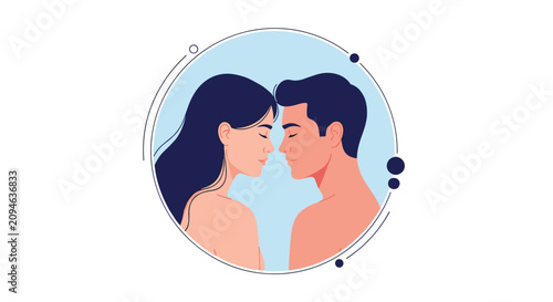 Profile silhouettes of a man and a woman facing each other inside a circular frame to symbolize love, relationship, and connection.