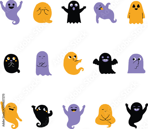 Cute Halloween Ghost Character Vector Set with Different Facial Expressions