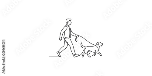 Continuous line drawing of a man walking his dog on a leash.