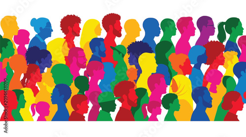 Diverse crowd of people silhouettes showing profiles in various vibrant colors representing unity and community within a modern flat illustration