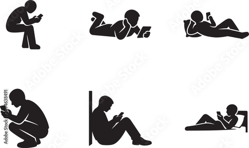 Diverse people using smartphones in various poses vector icon set for mobile, app and digital lifestyle.