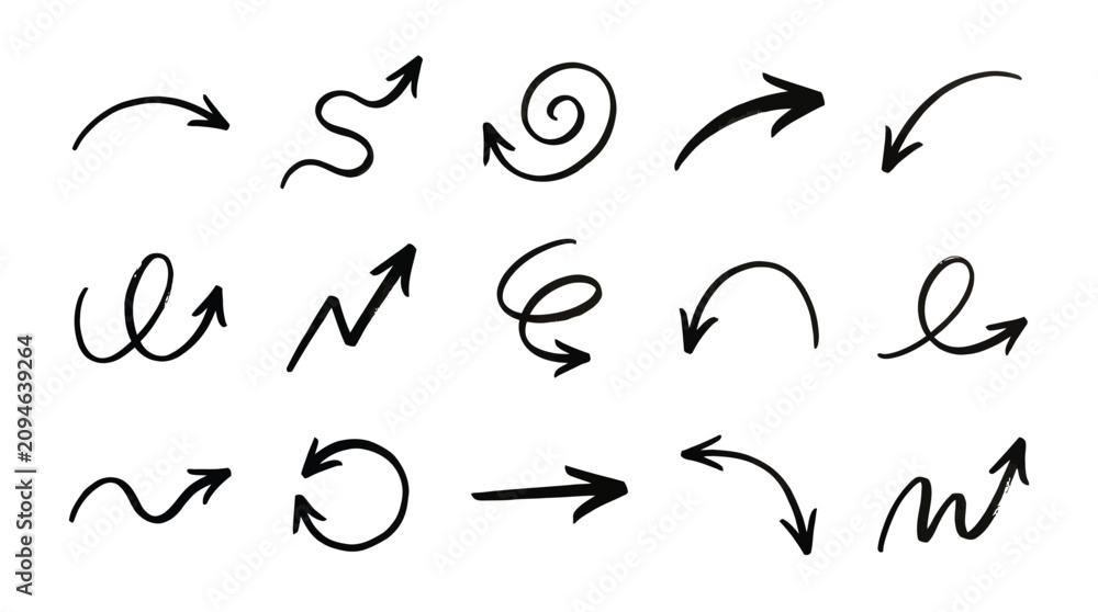Obraz premium Collection of various hand drawn black ink arrows for creative design projects and digital navigation
