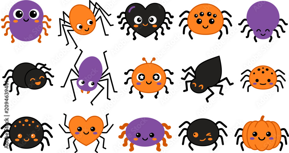 Naklejka premium Halloween cute cartoon spiders and creatures for kids party decor