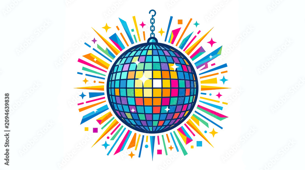 Fototapeta premium Disco Ball with Colorful Rays and Stars on White Background, Party Celebration