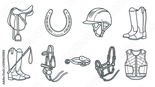 Bild auf Leinwand Equestrian Equipment Collection: Saddle, Boots, Helmet, Horseshoe, Bridle, Spur,