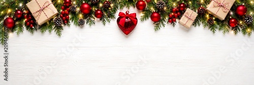 A festive Christmas garland adorned with red ornaments, pine cones, lights, and gift boxes, set against a white wooden background