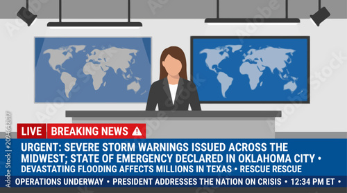 Konstfotografi Breaking news on television screen with severe storm warnings and flooding