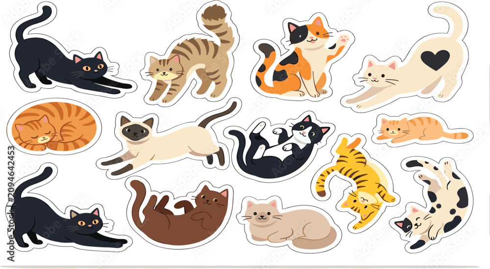 Obraz premium Cute cartoon cat stickers vector set featuring playful kittens in different poses sleeping stretching playing isolated on white background