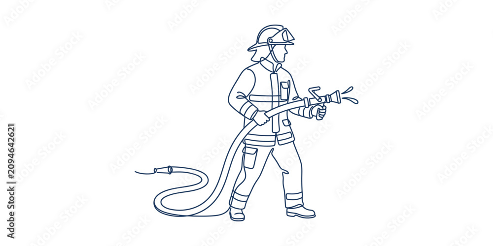 Obraz premium A detailed line art illustration of a firefighter holding a fire hose.