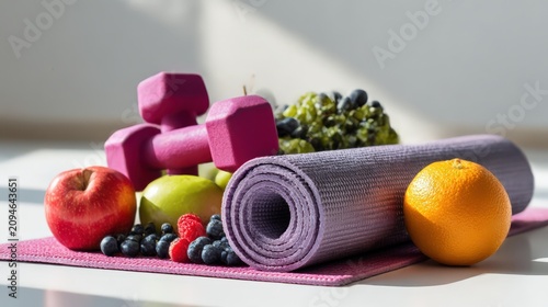 Healthy lifestyle concept with vibrant fruits, weights, and yoga mat